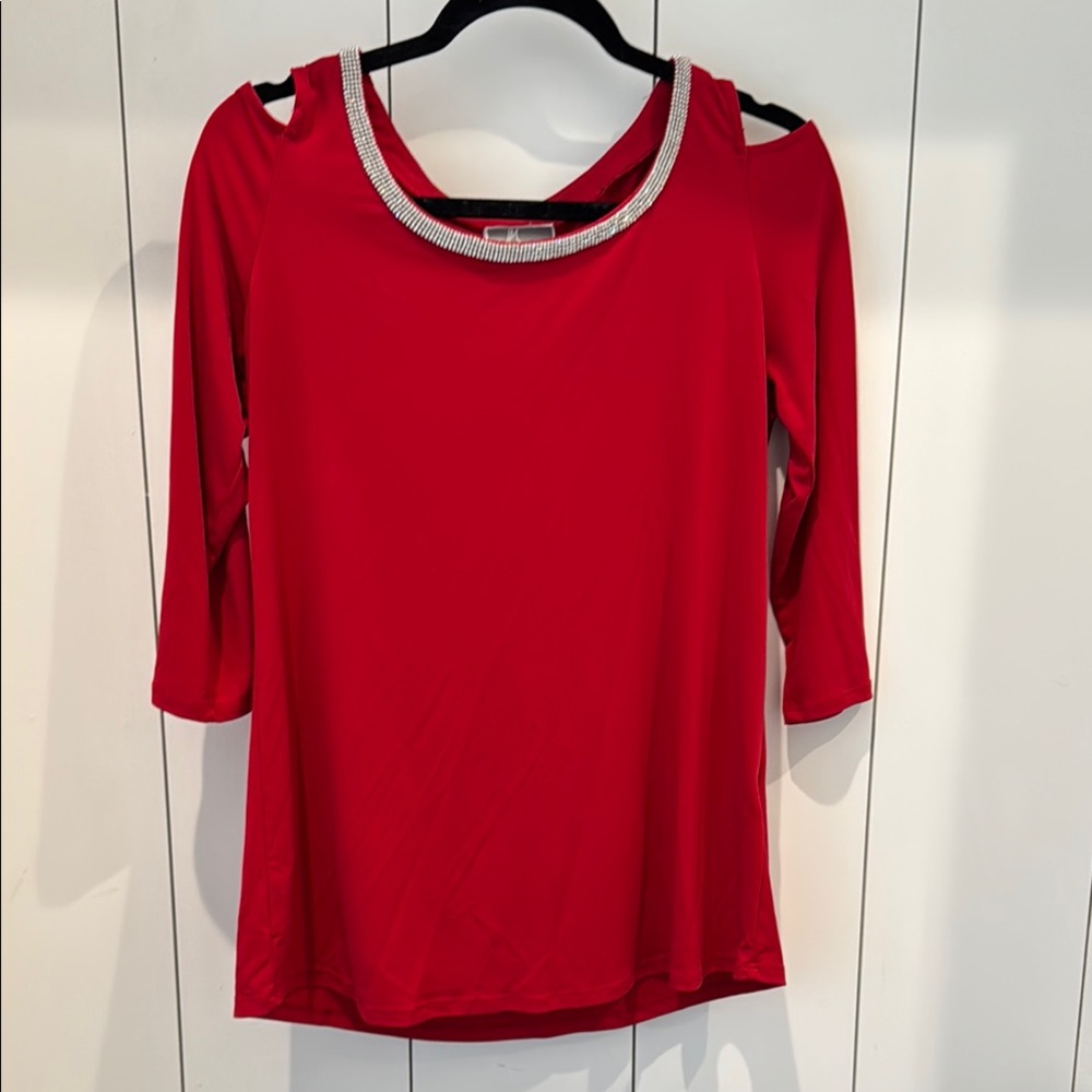 JM Collection Red 3/4 Sleeve Cut Out Blouse